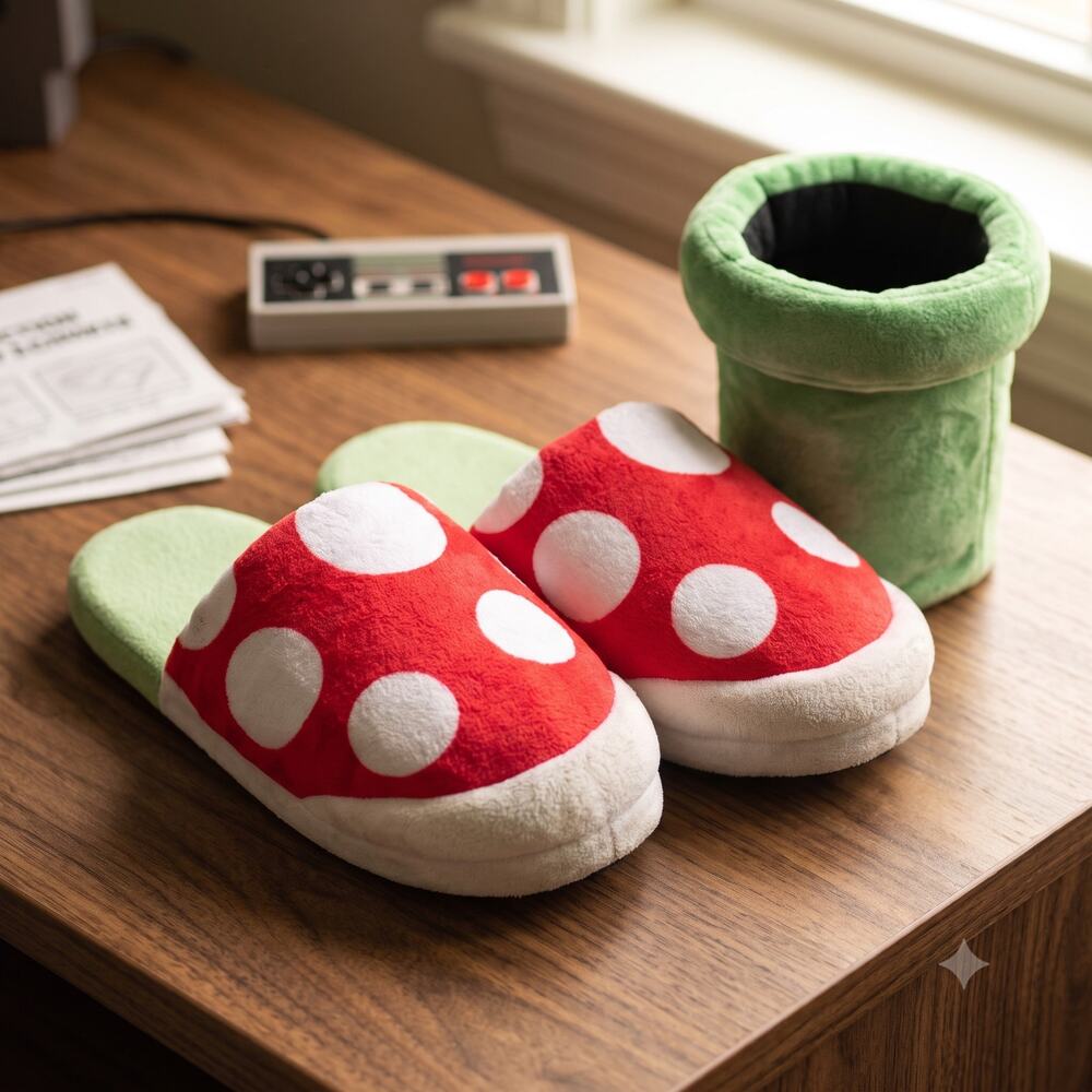Super Mario Piranha Plant Plush Slippers Warp Pipe Set Preowned